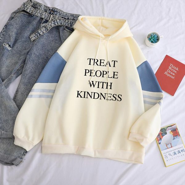 

new fashion women hoodies treat people with kindness print drop shoulder streetwear patchwork casual hooded sweatshirt, Black