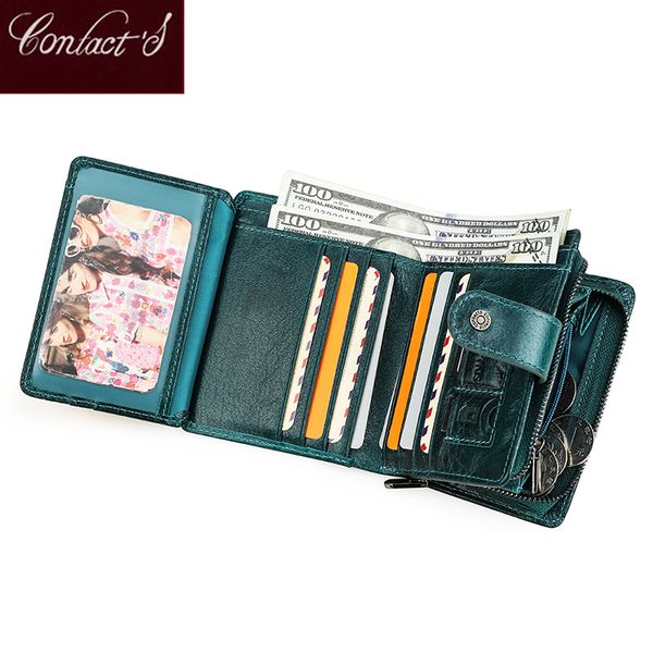 

contact's genuine leather wallet women rifd small card holder wallets ladies blue coin purse portfel fashion trifold clutch bag c1223, Red;black