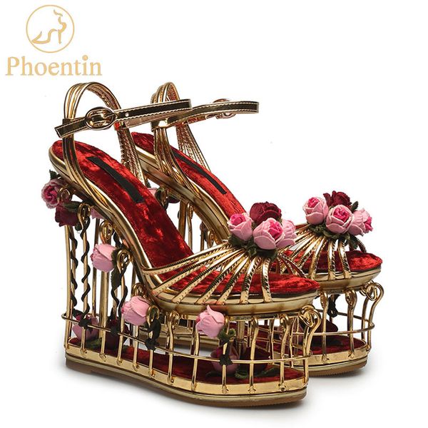 

phoentin gold flower sandals women super high heel 16cm platform wedding shoes ankle strap buckle luxury party shoes woman ft337 y200702, Black
