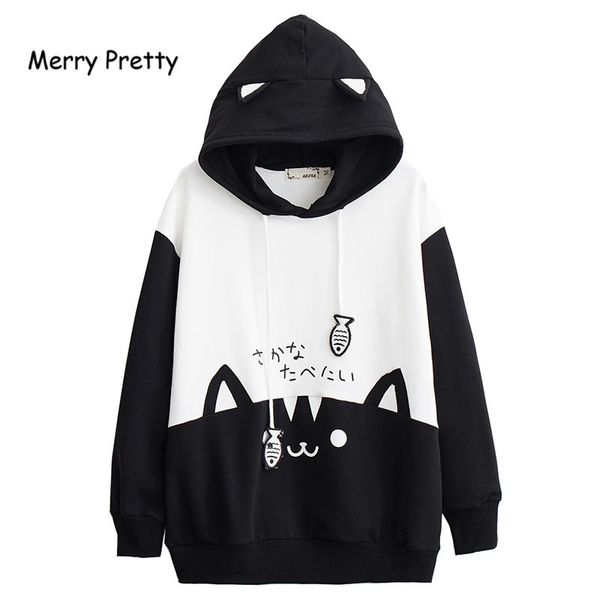 

merry pretty women cartoon print harajuku hooded sweatshirts winter long sleeve patchwork pullover sweet girl cute hoodies t200904, Black