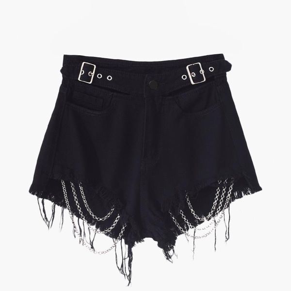 

black fringe goth chain denim shorts women cut out shorts summer adjustable belt high waist fitted solid casual short jeans lady, White;black