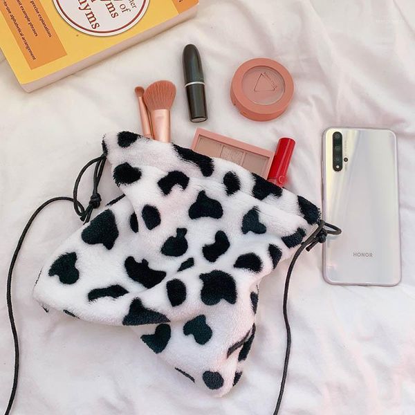 

new women & girls cute cow cosmetic makeup bag plush high capacity storage pouch multifunction case purse mini shoulderbag1