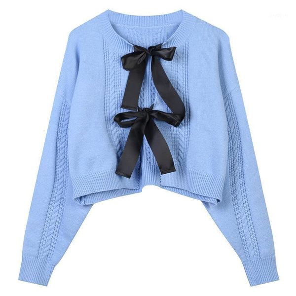 

runway fall winterbowknot stitching luxury design blue short cardigans 2021 women fashion sweater loose knit coat jacket clothes1, White
