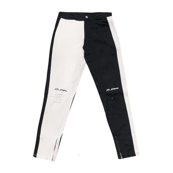 

men's distressed stretch ripped men cotton zipper jeans color matching washed denim, Blue