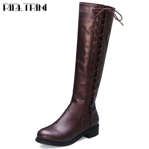 

ribetrini female solid zipper cross tied mid calf shoes women boots chunky heel casual fashion design boots1, Black
