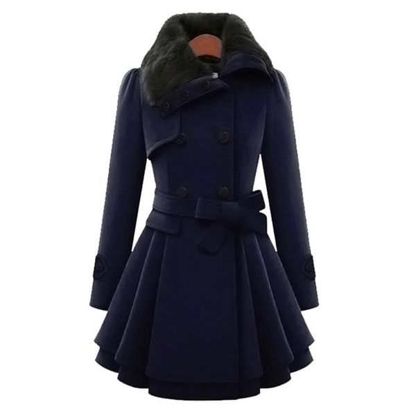 

women's wool & blends woolen coat large size 5xl double-breasted slim lapels jacket autumn winter long section fur collar ladies, Black