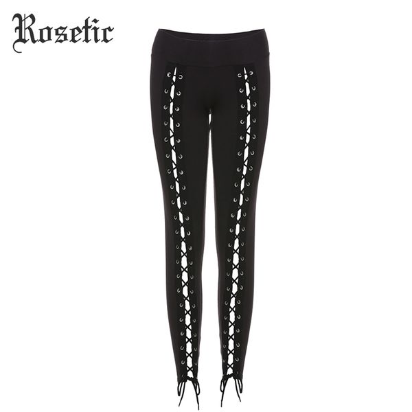 Rosetic Gotik Tayt Pantolon Bandaj Kadın Bahar Siyah Ince Dantel-Up Streetwear Sıska Moda Seksi Casual Harajuku Goth Pantolon 201027