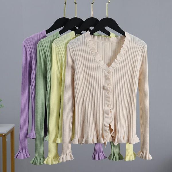 

autumn newly ruffled women cardigans 2021 fashion slim lady knitted sweater long sleeve buttons v neck cardigan sweater, White;black