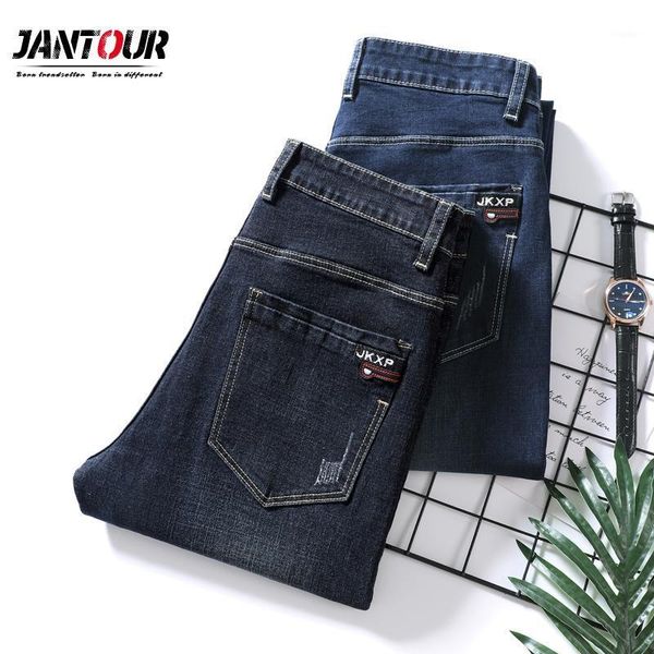 

jantour elasticity men jeans autumn winter fashion letter print trousers scratched straight pants man vaqueros hombre work pants1, Blue
