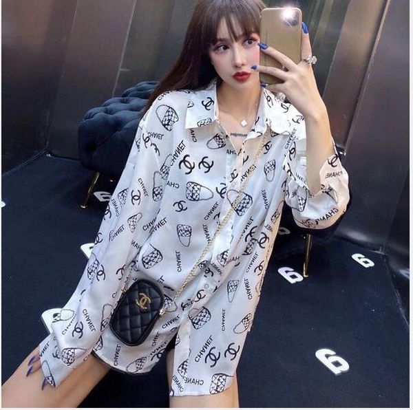 

2020 web celebrity women's long sleeve shirt new autumn print korean loose in the long shirt to wear, White