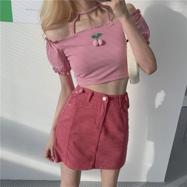 

summer korean chic slim women tee for slash neck shoulder vintage puff sleeve kawaii cherry decoration knitting tee1, White
