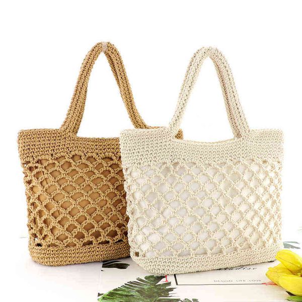 Nxy Sacos de Compras Verão Praia de Verão Rattan Handmade Handmade Handbags Tecelagem de Tote Punho de malha 220128