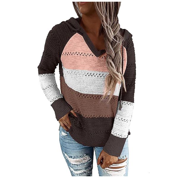 

women fashion hooded knit sweater patchwork v-neck long sleeves casual loose sweaters 2020 winter autumn plus size pullover, White;black
