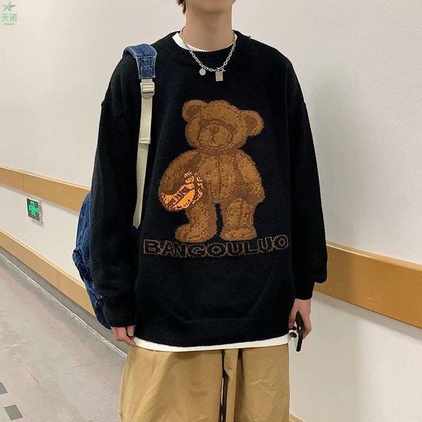 

men's sweaters fashion lovely bear sweater men 2021 winter pullover oversized boy student black, White;black