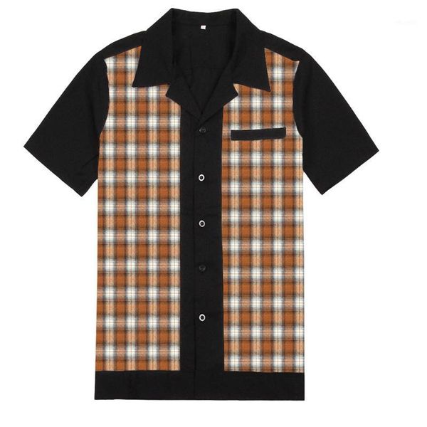 

50s rockabilly shirts men vintage punk rave shirts short sleeve plaid printed rolling rock shirt casual hip hop dress men1, White;black
