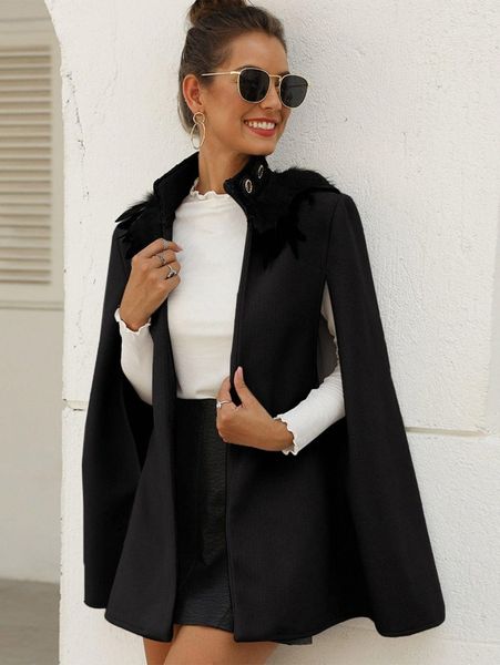 

contrast feather tweed cape coat a6xi#, Black