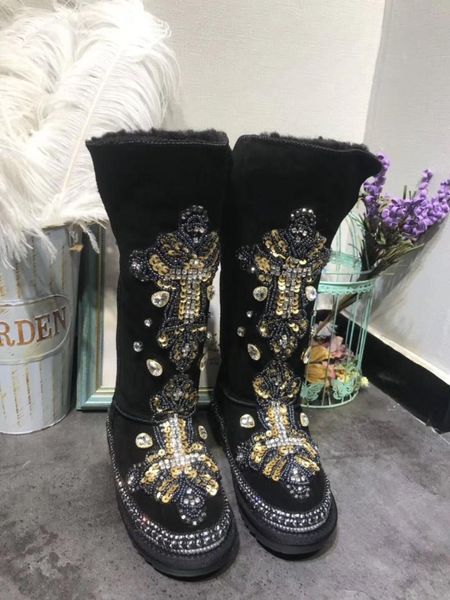 

heavy-duty custom wool lining leather snow boots high tide diamond shoes, Black