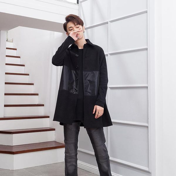 

men's wool & blends men's trench coat single breasted pu splice sleeveless cape jacket stylish male singer stage outfit loose cape, Black
