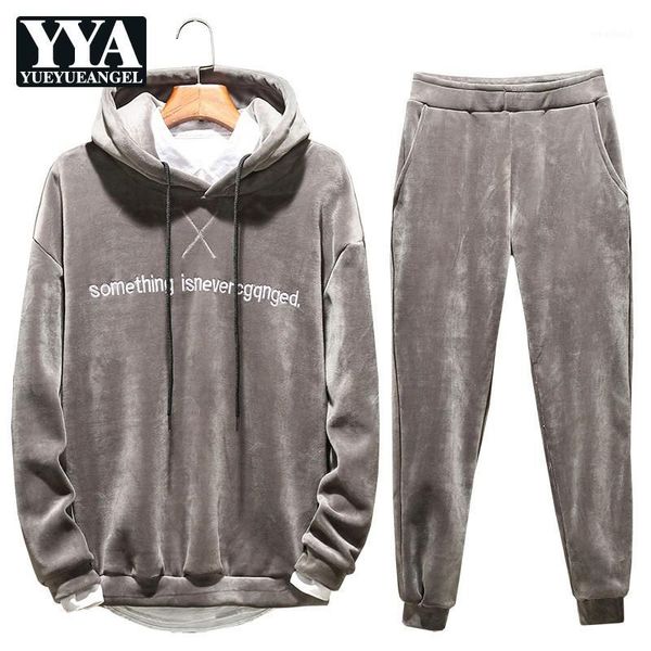 

fashion mens winter thick fleece lining velvet tracksuit casual hoody sweatshirt two piece set male plus size 5xl matching sets1, Gray