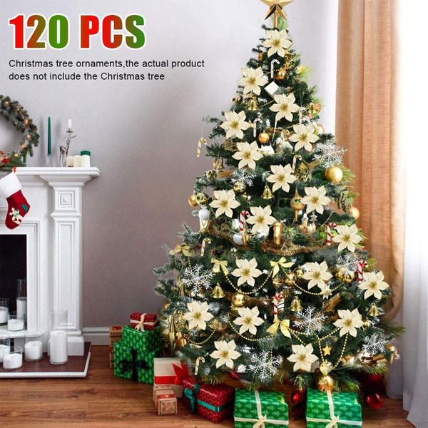 

new 120 pcs tree decoration plastic simulation flower set pendant christmas glitter artificial flowers
