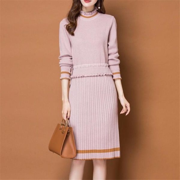 

2020 fashion 2 piece set women suit knitted long sleeve sweet sweater + pencil skirts 2pcs skirt sets, White