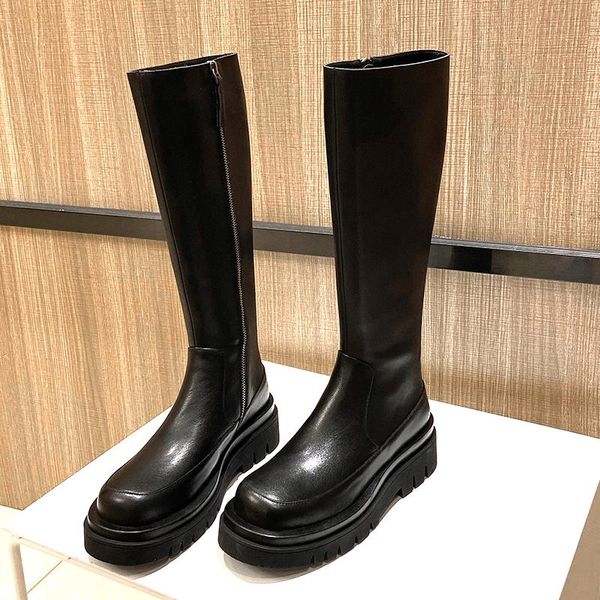 

boots knee high genuine leather platform classic design thick heels shoes women wedding party size 42 43, Black