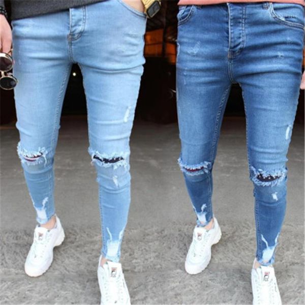 

street denim pencil pants spring male washed skateboard casual slim denim trousers mens hole skinny jeans fashion trend zipper button high, Blue