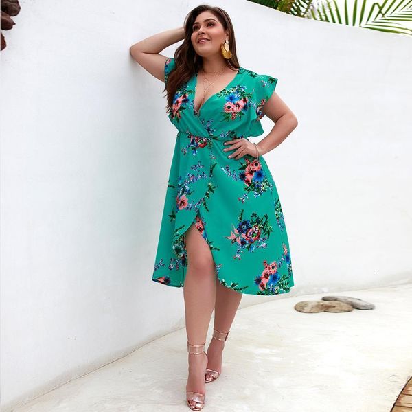 

2021 plus size women's dress summer fashion bohemian floral print sleeveless v-neck lace asymmetric dress beach party dress, Black;gray