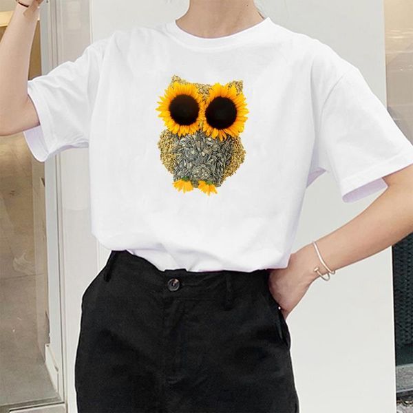 

sunflower сова печать женщины футболка женская мода эстетические топы летняя футболка с короткими рукавами полиэстер смешные футболки смешны, White