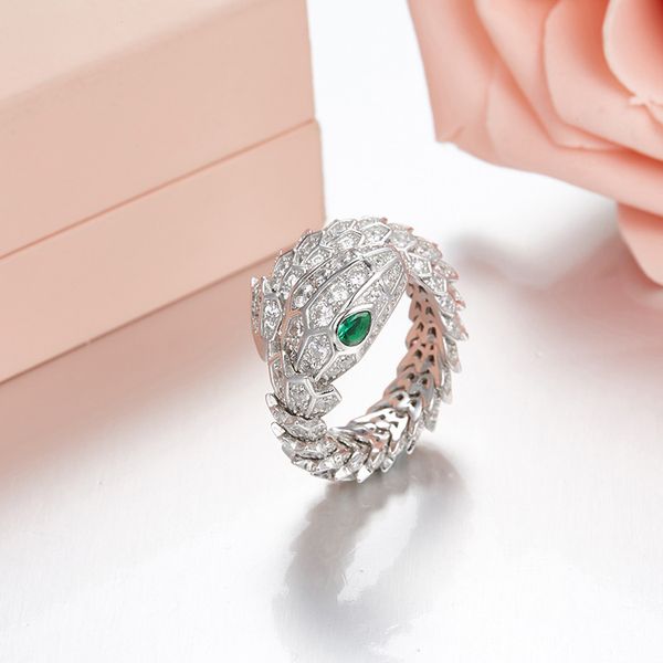

european and american luxury new design fashion party jewelry for women 925 sterling silver full zirconia stone green eyes snake rings, Golden;silver