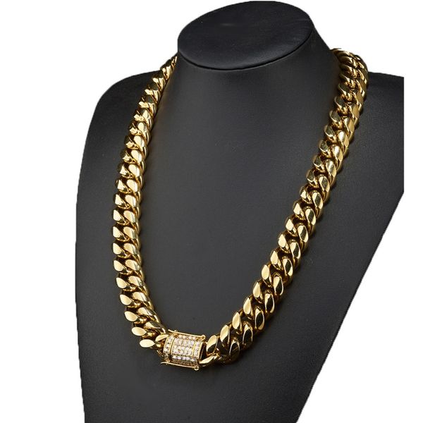 Ketten für Männer, 6–18 mm breit, Edelstahl, kubanische Miami-Halsketten, CZ-Zirkon, Box-Lock, großes schweres Gold, Hiphop-Schmuck ZQSI