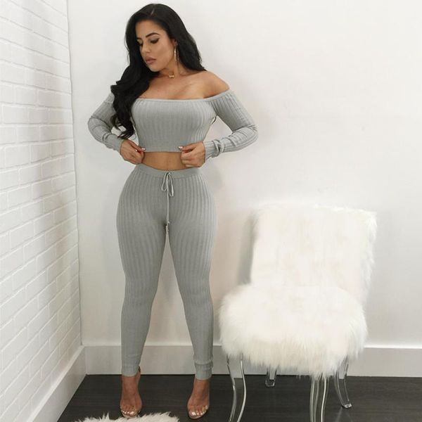 

ribbed women 2 piece set solid off shoulder long sleeve cropped blouse lace up high waist elastic pants women set suits1, Gray