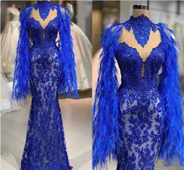 Длина Abendkleider Royal Blue Sparkly Русалка Пром платья перо кружева аппликация жемчуг партии пола мантии вечернее платье Wrap