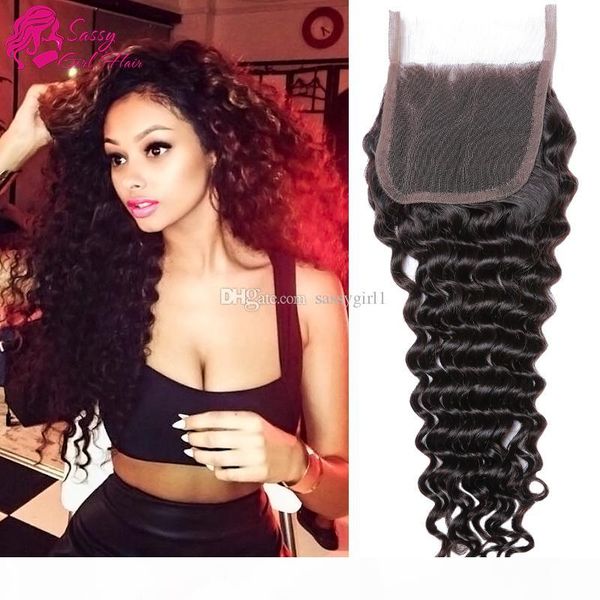

peruvian lace closure brown deep wave weave middle part part three part piece deep curly virgin hair closure sassy girl, Black;brown