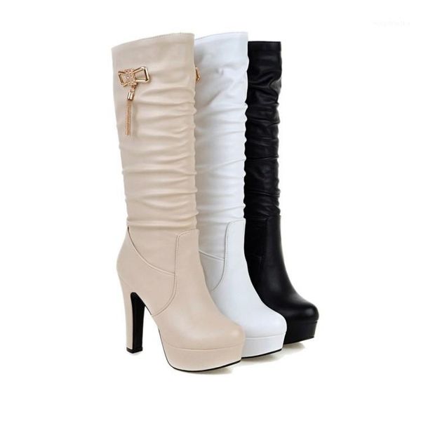 

boots women's shoes high heels platform rhinestones mid calf chunky heel beige white black1, Black