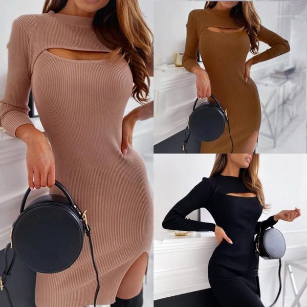 

knitted dress for women elastic bodycon dress long sleeve o neck sweater chest hollow out split hem knee-length vestidos1, Black;gray