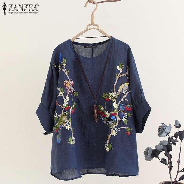 

zanzea women floral embroidery blouse summer sleeve cotton linen casual vintage o neck shirt femininas blusas loose1, White