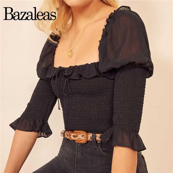 

bazaleas chic half flare sleeve mujer fashion elastic black blouse women harajuku square collar shirt vintage bow blouse1, White