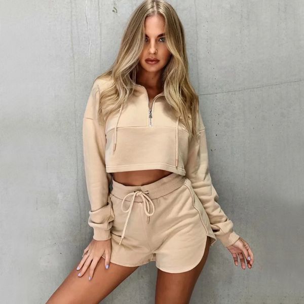 

women cropped sweatshirt and short set co-ord half zip cropped sweatshirt curved hem sweat shorts, Black