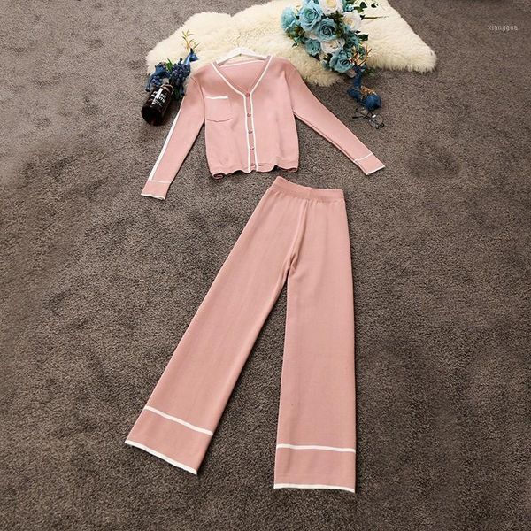 

amolapha women v neck single button knitted cardigans+striped wide leg trousers 2 pieces clothing sets1, White