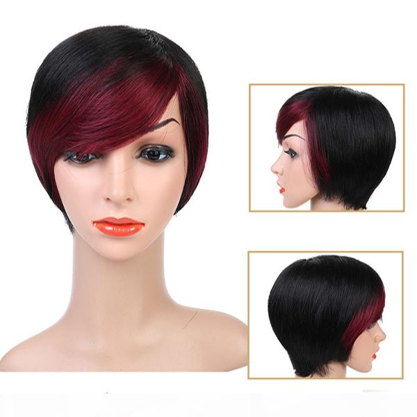 

short straight human hair wigs women's omber style full head wig non-remy hair brazilian human wigs black color, Black;brown