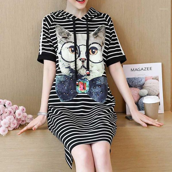 

women summer short dress cute cartoon short sleeve hooded casual plus size black loose party cartoon striped dress s-4xl1, White;black