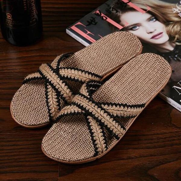 

fashionable cross women home slippers summer beach shoes woman couple indoor linen comfortable house floor slides for female, Black