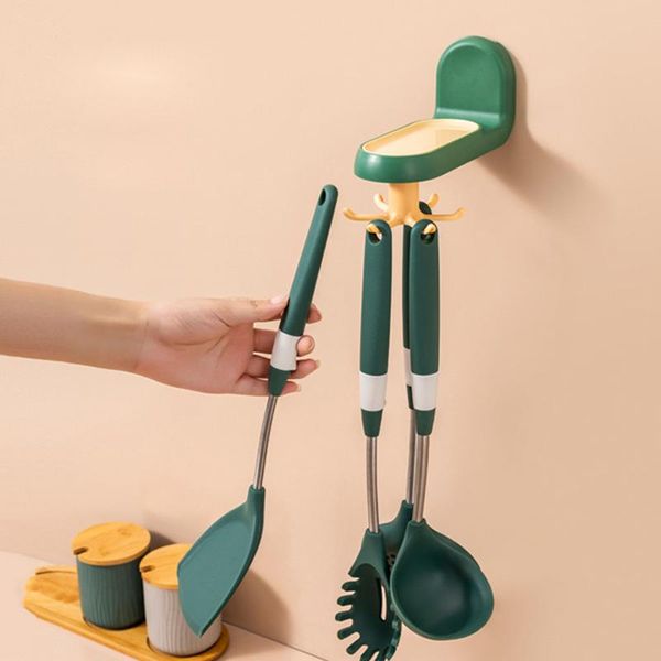 

mutifunctional rotating hook punching seamless shelf storage kitchen cabinet shelf wall rack spoon rack kitchen supplies