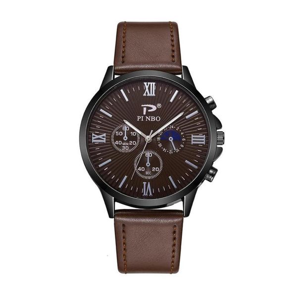 

pinbo 21 creative new fashion modiya quartz watch belt men's watch sun pattern three eye hand, Slivery;brown