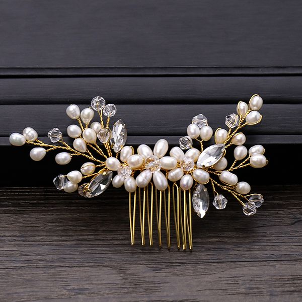 

trendy gold crystal pearl hair comb hair accessories wedding tiara bridal headpiece ornaments bride women jewelry, Golden;silver
