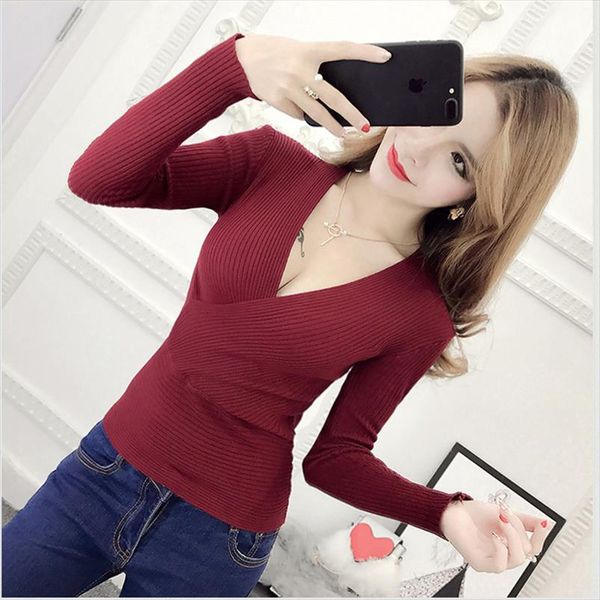 

blusas de inverno feminina 2020 winter slim long sleeve knitted sweater v neck women sweaters fashion pullover pull femme, White;black