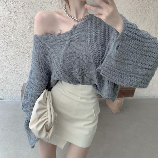 

ewq] 2020 winter women gentle casual slash neck loose soft minimalist solid color long sleeve pullover knitting sweater 8q2571, White;black