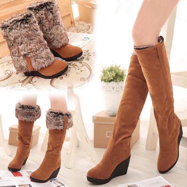 

dilalula women 3 styles snow boots winter warm fur shoes woman wedge high heels platform knee high boots women large size 34-43, Black