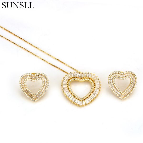 

комплекты ювелирных изделий способа sunsll три цвета copper love heart white цирконий стад серьги и кулон ожерелье для женщин, Silver